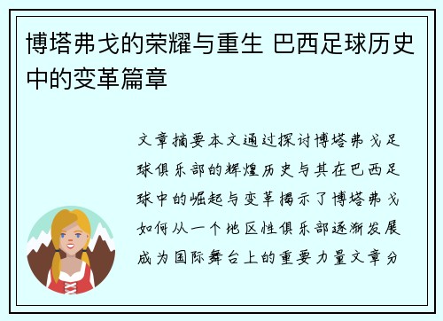 博塔弗戈的荣耀与重生 巴西足球历史中的变革篇章